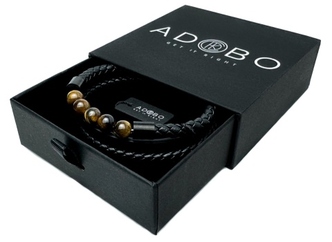 Czarna bransoletka rzemykowa ze skóry ekologicznej i stali nierdzewnej, z naturalnym kamieniem tygrysie oko