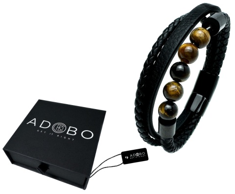 Czarna bransoletka rzemykowa ze skóry ekologicznej i stali nierdzewnej, z naturalnym kamieniem tygrysie oko