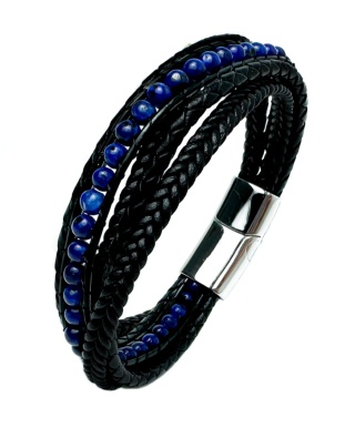 Czarna bransoletka rzemykowa ze skóry ekologicznej i stali nierdzewnej, z kamieniem lapis lazuli