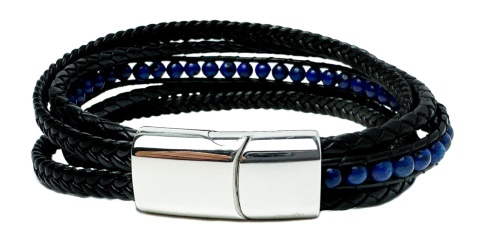 Czarna bransoletka rzemykowa ze skóry ekologicznej i stali nierdzewnej, z kamieniem lapis lazuli