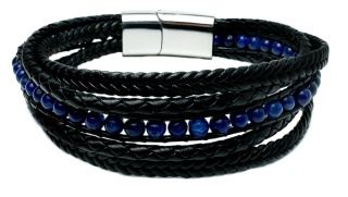 Czarna bransoletka rzemykowa ze skóry ekologicznej i stali nierdzewnej, z kamieniem lapis lazuli