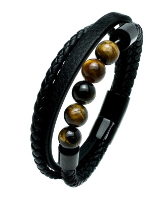 Czarna bransoletka rzemykowa ze skóry ekologicznej i stali nierdzewnej, z naturalnym kamieniem tygrysie oko