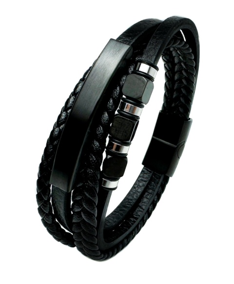 Czarna bransoletka rzemykowa ze skóry ekologicznej i stali nierdzewnej, z czarnymi ozdobnymi kostkami - sześcianami