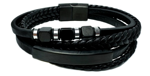 Czarna bransoletka rzemykowa ze skóry ekologicznej i stali nierdzewnej, z czarnymi ozdobnymi kostkami - sześcianami