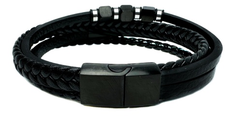Czarna bransoletka rzemykowa ze skóry ekologicznej i stali nierdzewnej, z czarnymi ozdobnymi kostkami - sześcianami