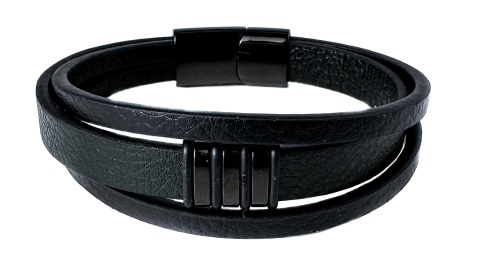 Czarna bransoletka rzemykowa ze skóry ekologicznej i zdobieniami ze stali nierdzewnej