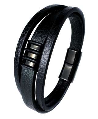 Czarna bransoletka rzemykowa ze skóry ekologicznej i zdobieniami ze stali nierdzewnej