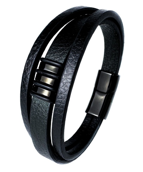 Czarna bransoletka rzemykowa ze skóry ekologicznej i zdobieniami ze stali nierdzewnej