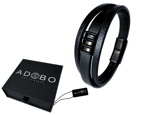 Czarna bransoletka rzemykowa ze skóry ekologicznej i zdobieniami ze stali nierdzewnej