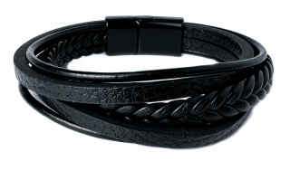 Czarna bransoletka rzemykowa ze skóry ekologicznej i stali nierdzewnej