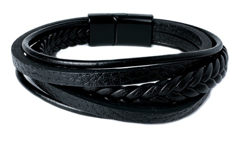 Czarna bransoletka rzemykowa ze skóry ekologicznej i stali nierdzewnej