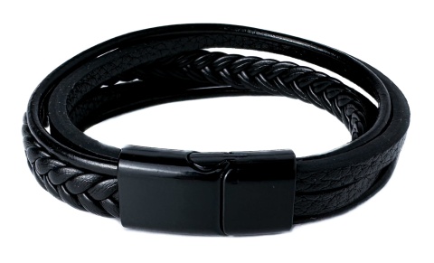 Czarna bransoletka rzemykowa ze skóry ekologicznej i stali nierdzewnej
