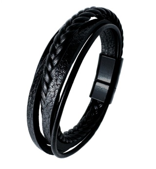 Czarna bransoletka rzemykowa ze skóry ekologicznej i stali nierdzewnej