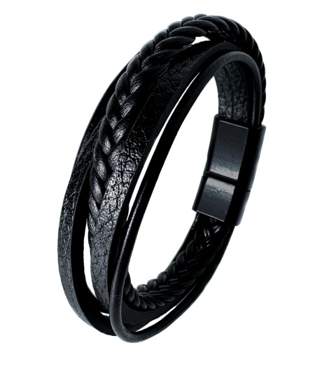 Czarna bransoletka rzemykowa ze skóry ekologicznej i stali nierdzewnej