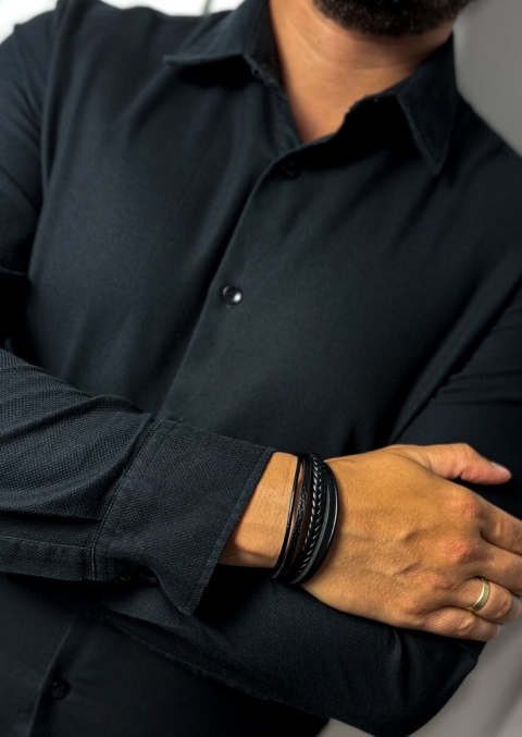 Czarna bransoletka rzemykowa ze skóry ekologicznej i stali nierdzewnej