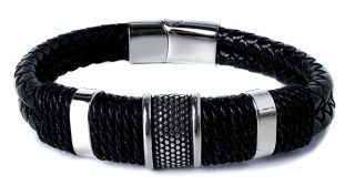 Czarna bransoletka rzemykowa ze skóry ekologicznej i zdobieniami ze stali nierdzewnej