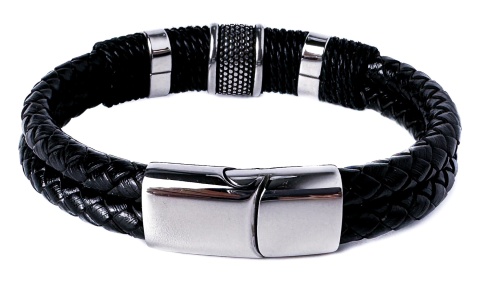 Czarna bransoletka rzemykowa ze skóry ekologicznej i zdobieniami ze stali nierdzewnej