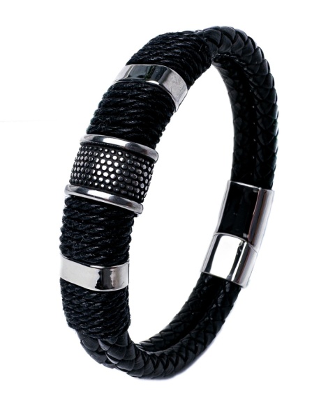 Czarna bransoletka rzemykowa ze skóry ekologicznej i zdobieniami ze stali nierdzewnej