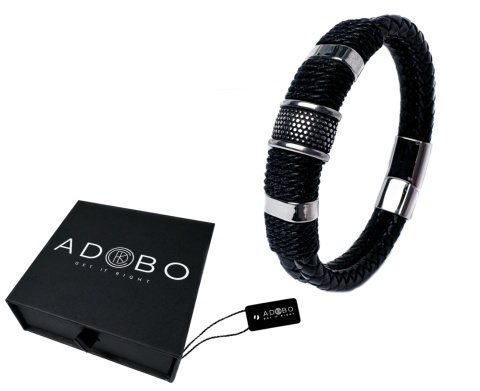 Czarna bransoletka rzemykowa ze skóry ekologicznej i zdobieniami ze stali nierdzewnej