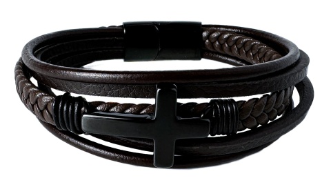 Brązowa bransoletka rzemykowa ze skóry ekologicznej, z krzyżem ze stali nierdzewnej