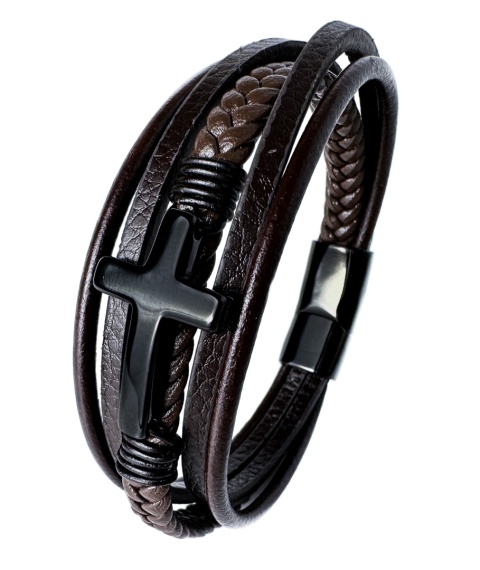 Brązowa bransoletka rzemykowa ze skóry ekologicznej, z krzyżem ze stali nierdzewnej