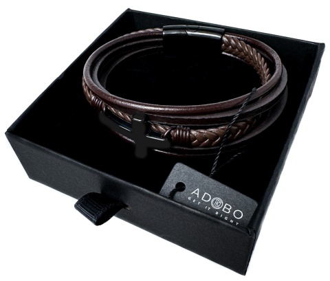 Brązowa bransoletka rzemykowa ze skóry ekologicznej, z krzyżem ze stali nierdzewnej