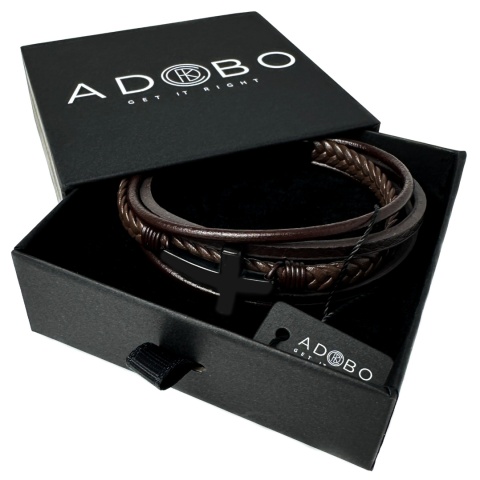 Brązowa bransoletka rzemykowa ze skóry ekologicznej, z krzyżem ze stali nierdzewnej