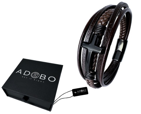 Brązowa bransoletka rzemykowa ze skóry ekologicznej, z krzyżem ze stali nierdzewnej