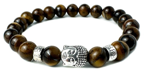 Brązowa bransoletka kulkowa ze splotem z minerału tygrysie oko i wizerunkiem Buddy ze stali nierdzewnej