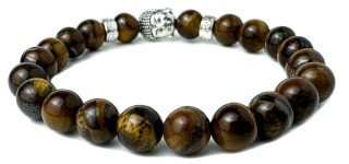 Brązowa bransoletka kulkowa ze splotem z minerału tygrysie oko i wizerunkiem Buddy ze stali nierdzewnej