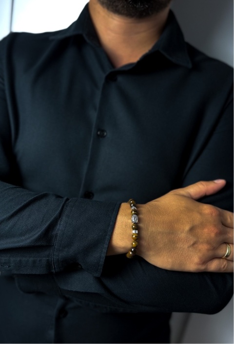 Brązowa bransoletka kulkowa ze splotem z minerału tygrysie oko i wizerunkiem Buddy ze stali nierdzewnej