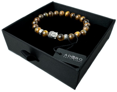 Brązowa bransoletka kulkowa ze splotem z minerału tygrysie oko i wizerunkiem Buddy ze stali nierdzewnej