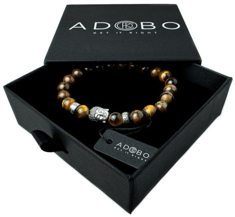 Brązowa bransoletka kulkowa ze splotem z minerału tygrysie oko i wizerunkiem Buddy ze stali nierdzewnej