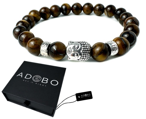 Brązowa bransoletka kulkowa ze splotem z minerału tygrysie oko i wizerunkiem Buddy ze stali nierdzewnej