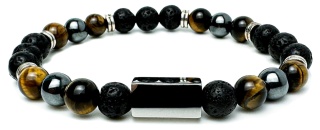 Brązowa bransoletka kulkowa z naturalnego kamienia tygrysie oko, ze skały wulkanicznej i stali nierdzewnej