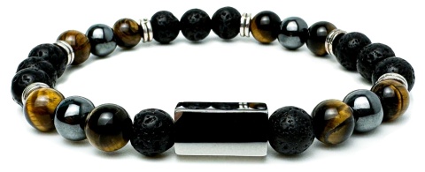 Brązowa bransoletka kulkowa z naturalnego kamienia tygrysie oko, ze skały wulkanicznej i stali nierdzewnej