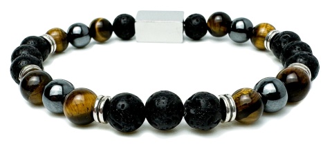 Brązowa bransoletka kulkowa z naturalnego kamienia tygrysie oko, ze skały wulkanicznej i stali nierdzewnej