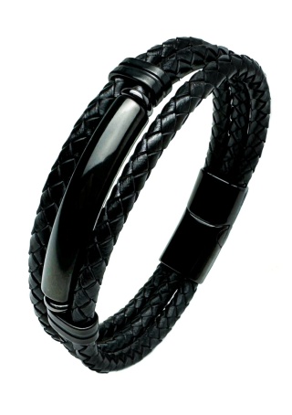 Czarna bransoletka rzemykowa ze skóry ekologicznej i stali nierdzewnej, z ozdobną czarną blaszką
