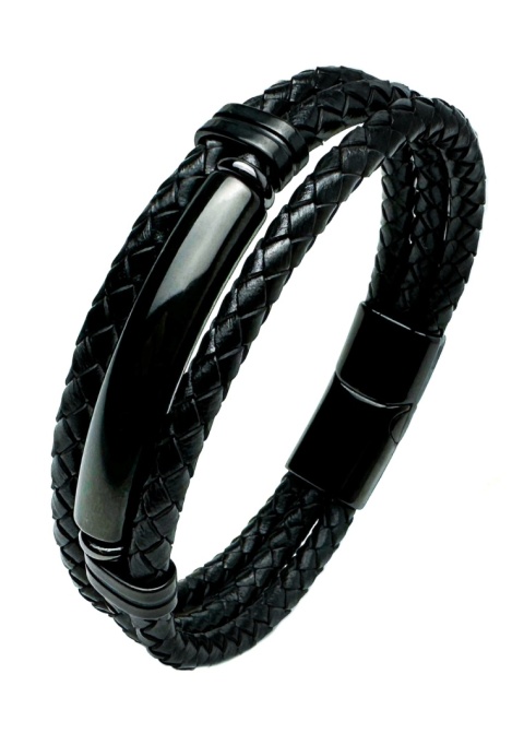Czarna bransoletka rzemykowa ze skóry ekologicznej i stali nierdzewnej, z ozdobną czarną blaszką