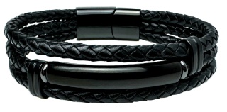 Czarna bransoletka rzemykowa ze skóry ekologicznej i stali nierdzewnej, z ozdobną czarną blaszką