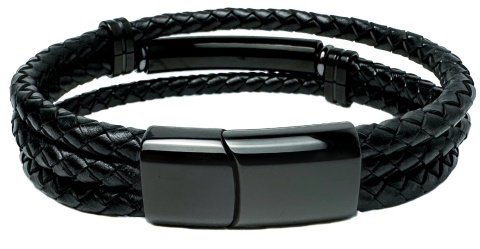 Czarna bransoletka rzemykowa ze skóry ekologicznej i stali nierdzewnej, z ozdobną czarną blaszką