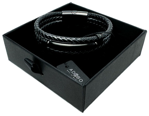 Czarna bransoletka rzemykowa ze skóry ekologicznej i stali nierdzewnej, z ozdobną czarną blaszką