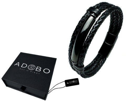 Czarna bransoletka rzemykowa ze skóry ekologicznej i stali nierdzewnej, z ozdobną czarną blaszką