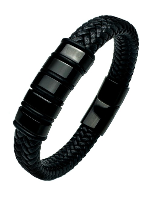 Czarna bransoletka rzemykowa ze skóry ekologicznej i zdobieniami ze stali nierdzewnej