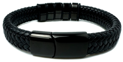 Czarna bransoletka rzemykowa ze skóry ekologicznej i zdobieniami ze stali nierdzewnej