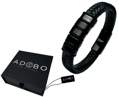 Czarna bransoletka rzemykowa ze skóry ekologicznej i zdobieniami ze stali nierdzewnej