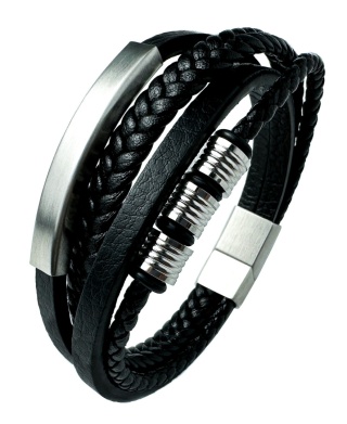 Czarna bransoletka rzemykowa ze skóry ekologicznej i zdobieniami ze stali nierdzewnej