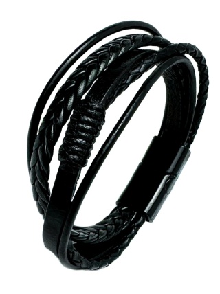 Czarna bransoletka rzemykowa ze skóry ekologicznej i stali nierdzewnej