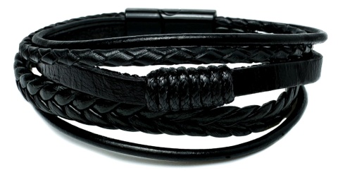 Czarna bransoletka rzemykowa ze skóry ekologicznej i stali nierdzewnej