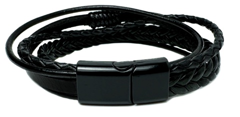 Czarna bransoletka rzemykowa ze skóry ekologicznej i stali nierdzewnej